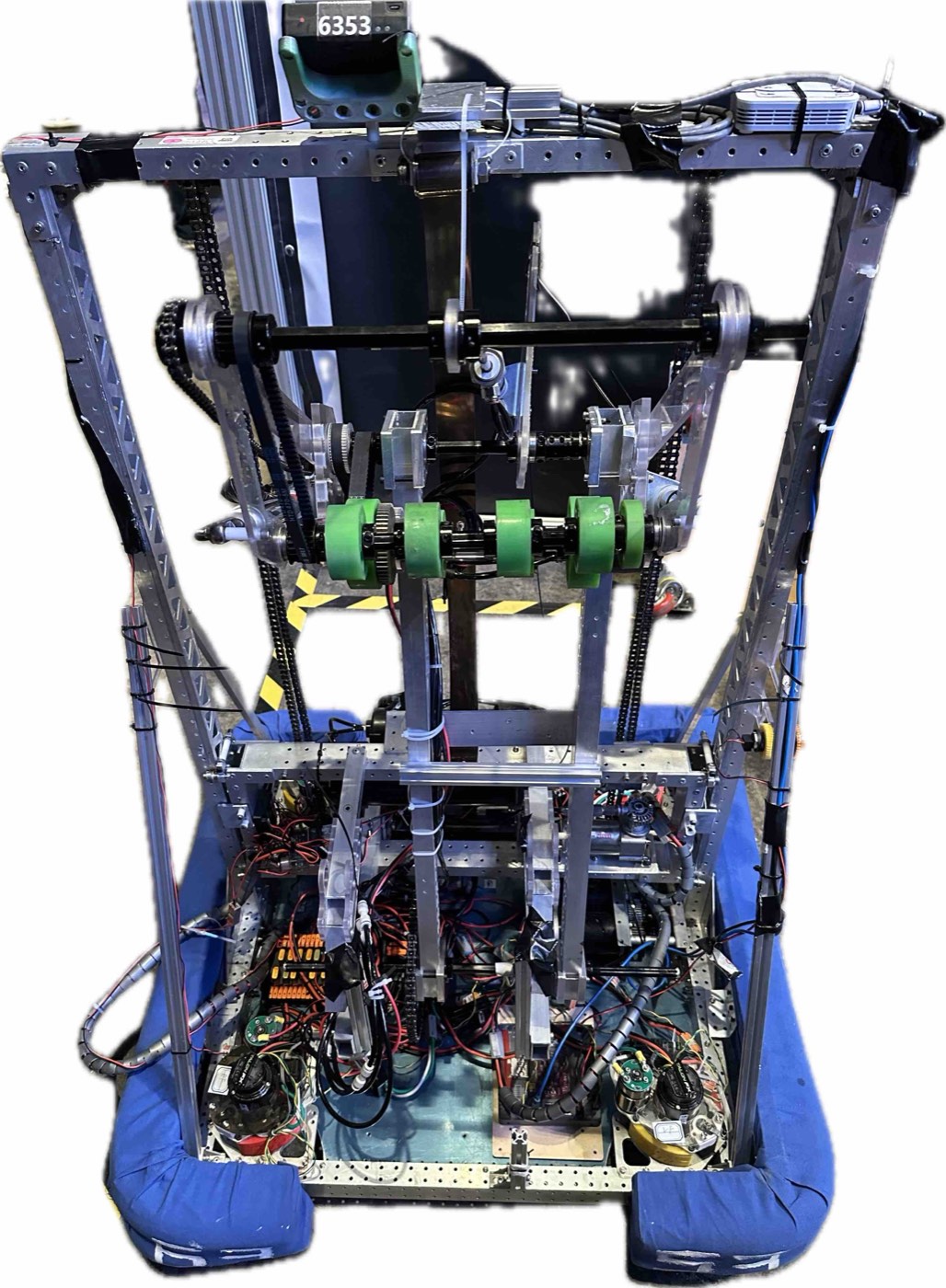 Competition robot with a chain-driven elevator and green intake wheels