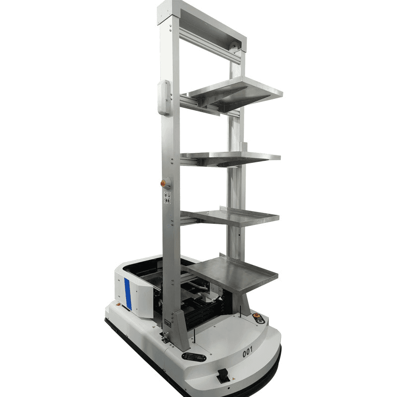 Warehouse inventory robot with a vertical mast and four extending shelves